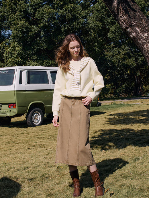 【百图lulu定制】【双影牛仔半裙】【送皮带】 复古 卡其色  直筒  显瘦高腰半身裙 商品图7