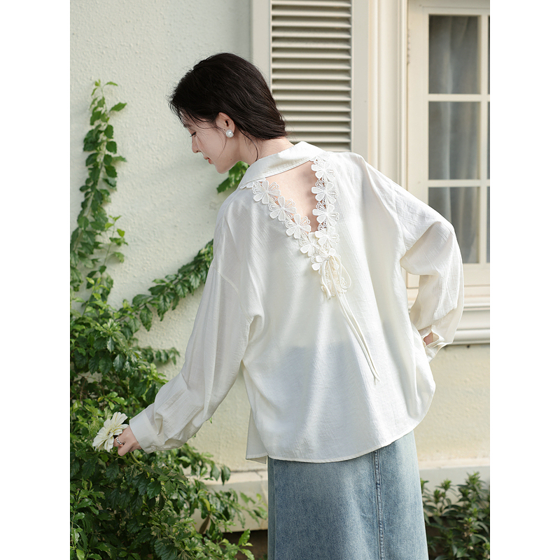 鹿向南「白月风清」长袖米杏色衬衫女春季新款设计感镂空防晒上衣