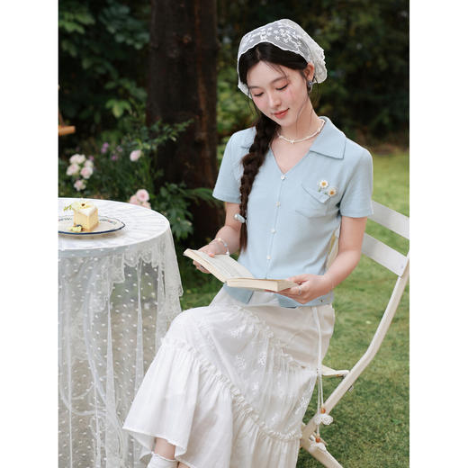 鹿向南「蓝楹清婉」雾霾蓝显瘦短袖T恤女夏季新款减龄设计感上衣 商品图4