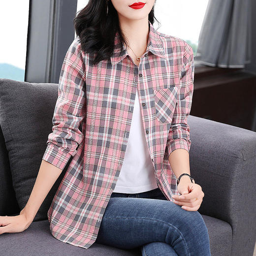 长袖格子衬衫女春秋季新款2025年大码纯棉衬衣中长款休闲上衣外搭 商品图0