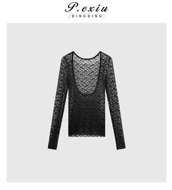 03-2潘依绣丁丁宠粉设计感修身U领蕾丝打底长袖T恤 Q3385 商品图0