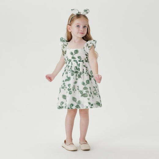 【送发箍】马克珍妮水彩绿叶女童桑蚕丝吊带裙2026年夏装新款561027 商品图1