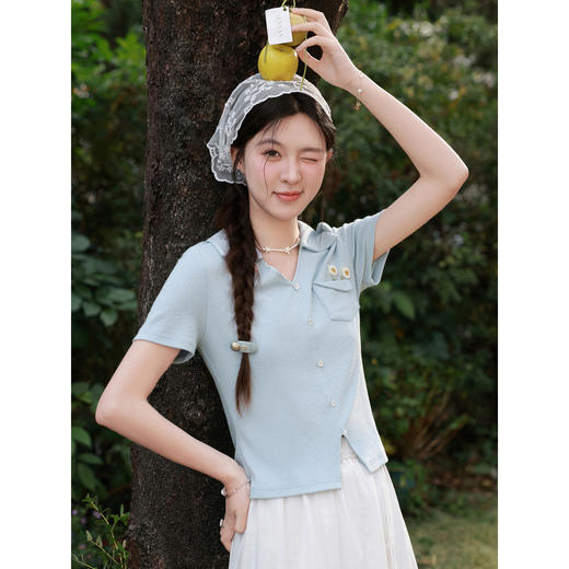 鹿向南「蓝楹清婉」雾霾蓝显瘦短袖T恤女夏季新款减龄设计感上衣 商品图0