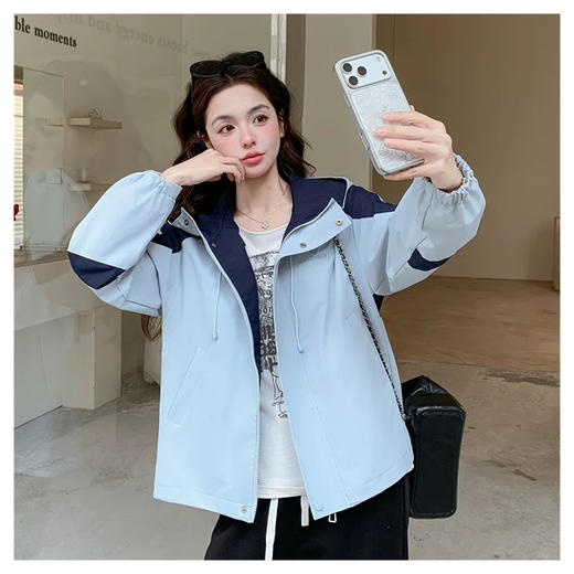 半身缘女装 春季撞色连帽短款冲锋衣外套夹克261113U01340259 商品图3