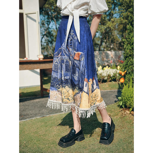 两三事梵高文艺 无声对白 2026春季新款可拆搭片流苏印花半身裙 商品图3