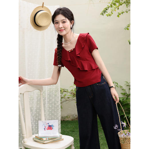 鹿向南「圆舞曲」复古风红色短袖T恤女夏季修身高级感不规则上衣 商品图3