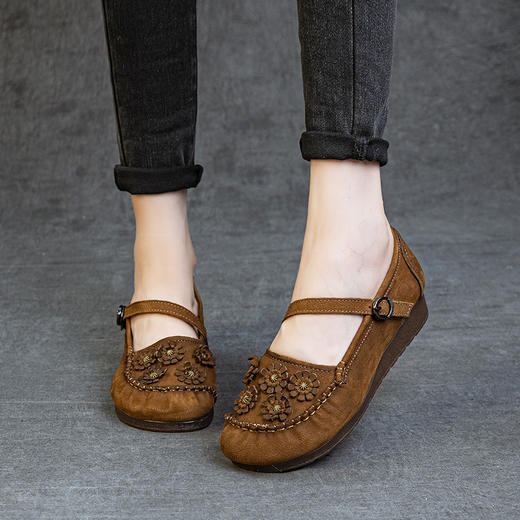 民族风复古手工女单鞋，头层牛皮厚底防滑一字带浅口软皮鞋ZM6158 商品图2