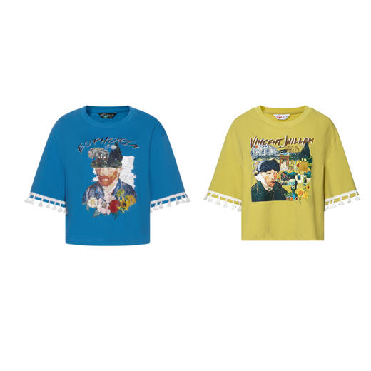 两三事梵高文艺旧日幻境2026春季新款人物印花流苏袖口t恤女短款 商品图4