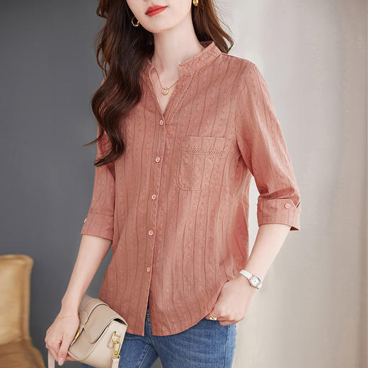 纯棉女士衬衫春夏季2026新款女装洋气大码中袖衬衣七分袖棉麻上衣 商品图3