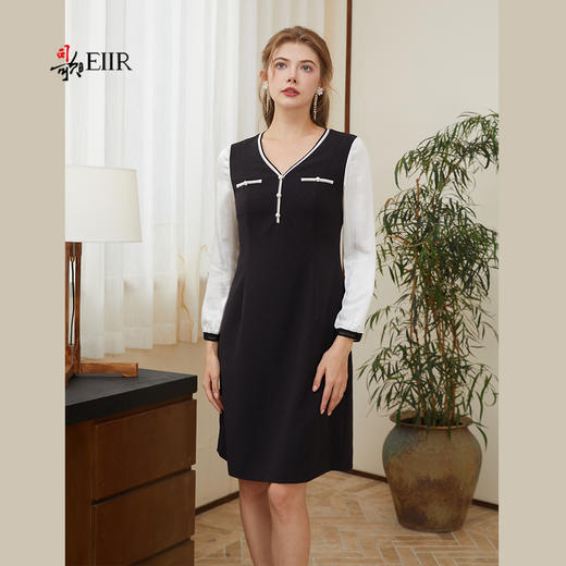 司歌v领长袖拼色直身连衣裙A921119Y 商品图4