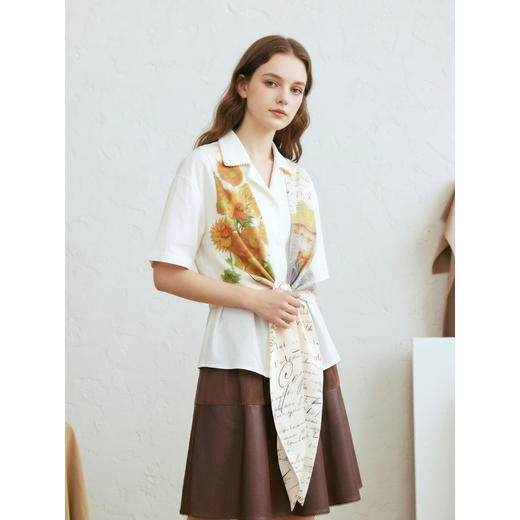 两三事梵高文艺笔记余温2026春新款复古印花拼接绑带假两件衬衫女 商品图3