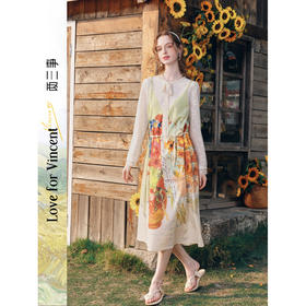 两三事梵高文艺 风旅铃兰 2026春季新款复古印花拼接假两件连衣裙