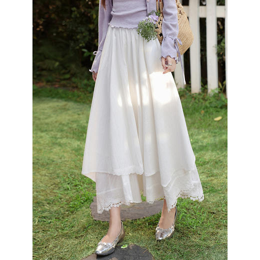 鹿向南「清雅漫行」米白色半身裙女春季高级感蕾丝高腰A字长裙子 商品图0