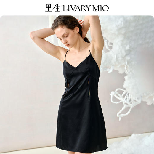 里性 LIVARY MIO 玲珑 性感真丝吊带连衣睡裙镂空开叉睡衣家居服 商品图4