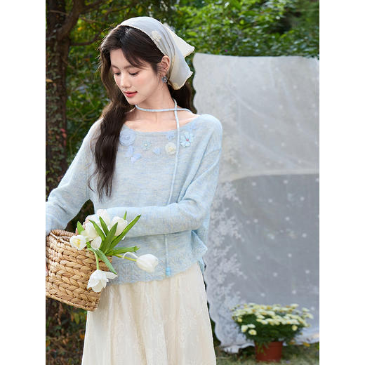 鹿向南「雾蓝花信」蓝色轻薄针织罩衫女春季宽松温柔好看法式上衣 商品图3