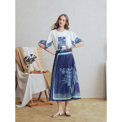 两三事梵高文艺 假日舞会 2026春季新款复古印花百褶裙高腰半身裙 商品图1