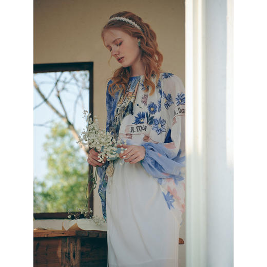 两三事 月河星沙 2026春季新款甜美印花拼接灯笼袖假两件连衣裙 商品图1