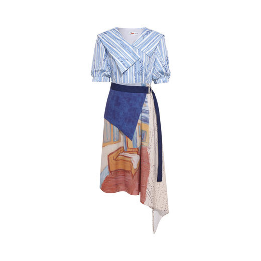 两三事梵高文艺航海日迹2026春新款条纹拼接印花不对称翻领连衣裙 商品图4