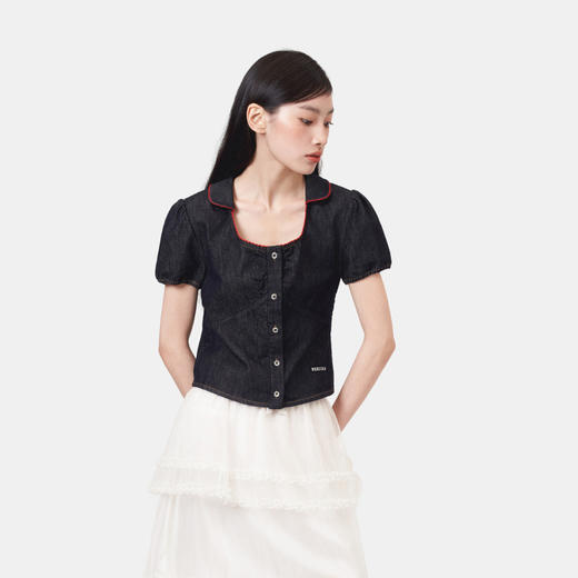HERLIAN 2026年春夏新品U领抽褶牛仔小上衣女士短袖开衫 商品图1