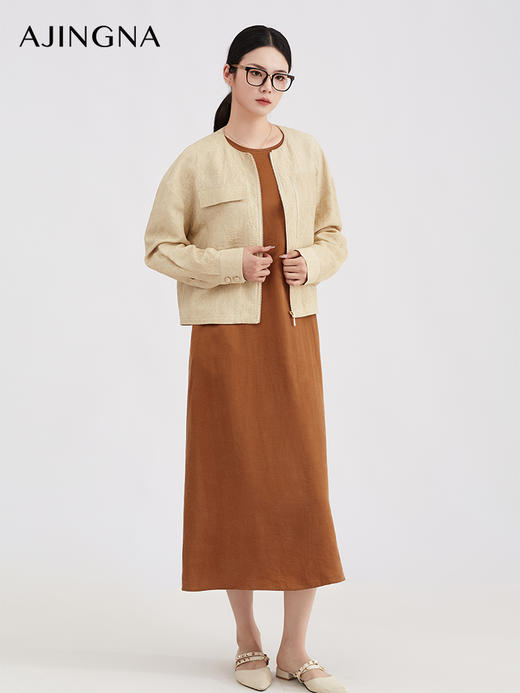 【商场同款】阿菁娜春季新款老钱风亚麻纹理感圆领短款外套A31C106003 商品图3