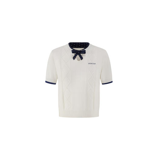 HERLIAN 2026年春夏新品波点蝴蝶结装饰假两件短袖女士套头针织衫 商品图4