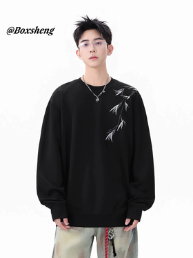 国潮新中式竹子刺绣卫衣男款春季落肩袖宽松圆领长袖春秋男士上衣