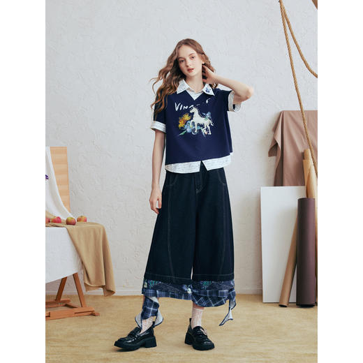 两三事梵高文艺彼岸双生2026春新款复古印花拼色假两件短袖t恤女 商品图1