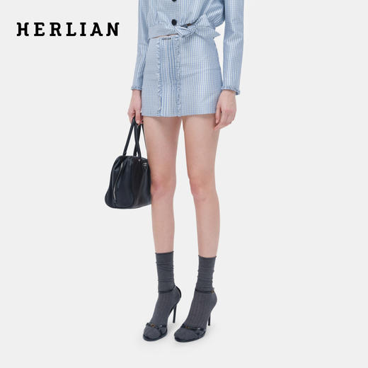 HERLIAN 2026年春夏新品蓝格塔克A字短裙女桑蚕丝高腰半裙 商品图0