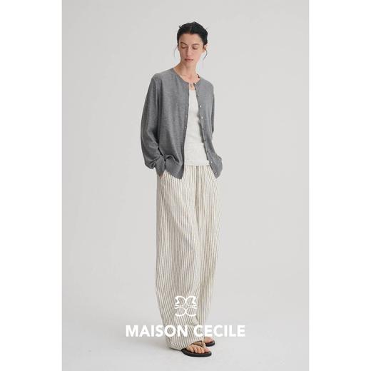 MAISON CECILE 莱赛尔汉麻舒适透气肌理灰米条纹抽绳松紧腰弧形裤 商品图3