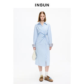 INSUN恩裳衬衫领褶皱收腰高支棉长袖连衣裙