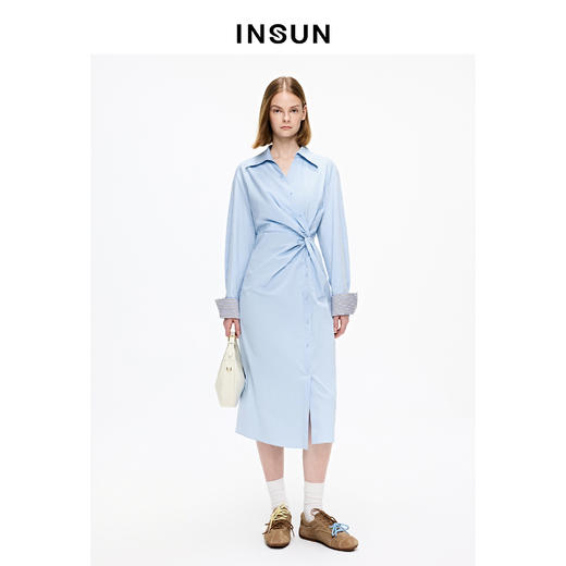 INSUN恩裳衬衫领褶皱收腰高支棉长袖连衣裙 商品图0