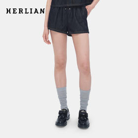 HERLIAN 2026年春季新品蓝格拼接双腰头女士牛仔休闲短裤