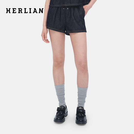HERLIAN 2026年春季新品蓝格拼接双腰头女士牛仔休闲短裤 商品图0