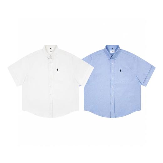 F0304114口袋小爱心刺绣单排扣翻领开合纽扣纯棉情侣短袖衬衫 商品图0