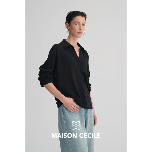 MAISON CECILE 三色|莱赛尔亚麻微透呼吸感简约优雅V领polo衫上衣 商品图1