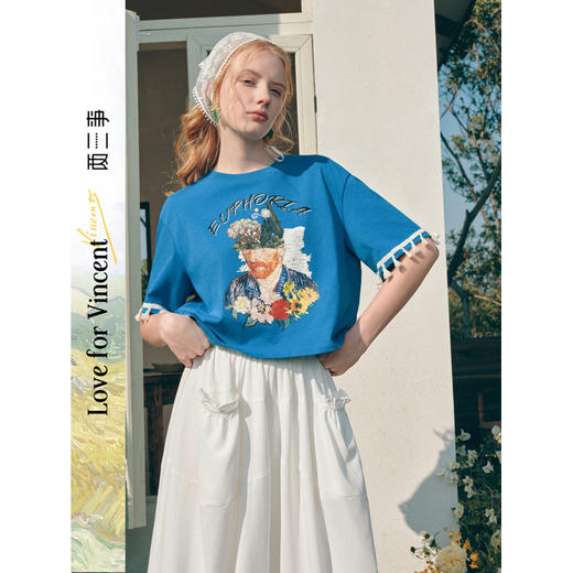 两三事梵高文艺旧日幻境2026春季新款人物印花流苏袖口t恤女短款 商品图0