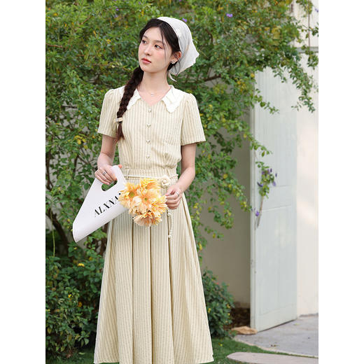 鹿向南「伯恩美术馆」条纹短袖V领连衣裙女夏季收腰显瘦A字长裙子 商品图4