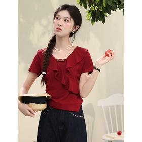 鹿向南「圆舞曲」复古风红色短袖T恤女夏季修身高级感不规则上衣