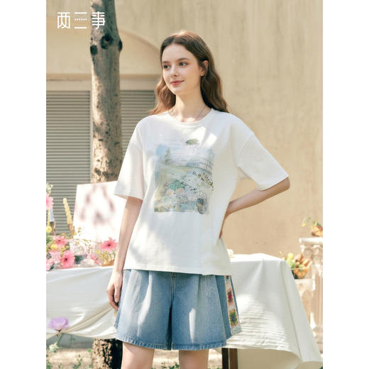 两三事 旧日情歌 2026春季新款小清新蕾丝拼接印花短袖T恤女宽松 商品图0