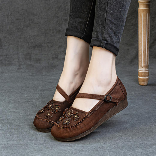 民族风复古手工女单鞋，头层牛皮厚底防滑一字带浅口软皮鞋ZM6158 商品图1