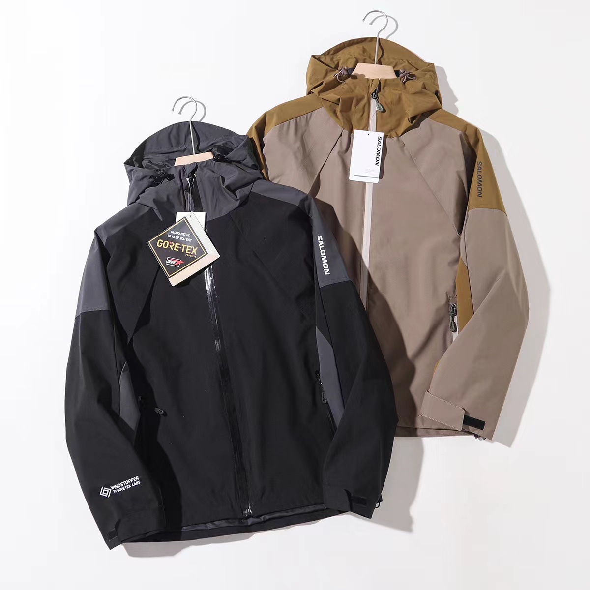 F030482户外拼色连帽男款徒步登山防风防水夹克外套