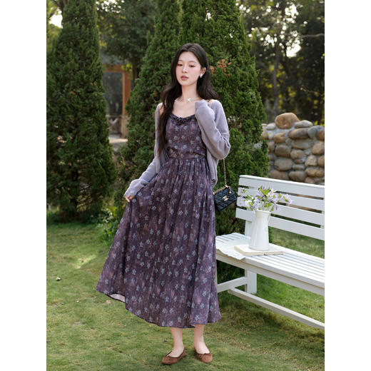 鹿向南「风语丁香」紫色吊带连衣裙夏季新款时尚高腰修身长裙女 商品图1