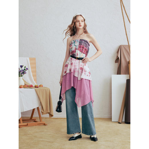 两三事梵高文艺 玫瑰花圃 2026春季新款甜美印花拼布不规则半身裙 商品图3