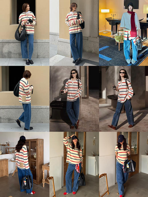 hidemi副线小h 条纹撞色亨利领休闲套头上衣针织衫 商品图2