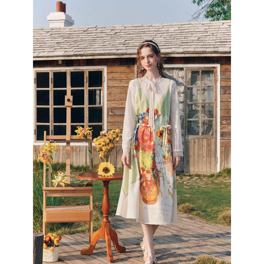 两三事梵高文艺 风旅铃兰 2026春季新款复古印花拼接假两件连衣裙 商品图2