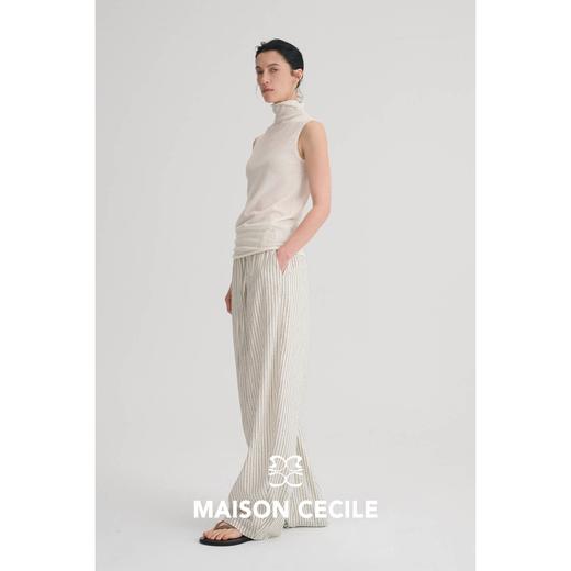 MAISON CECILE 莱赛尔汉麻舒适透气肌理灰米条纹抽绳松紧腰弧形裤 商品图2