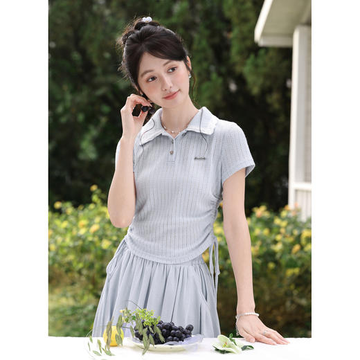 鹿向南「清甜如葡」雾霾蓝修身T恤女夏新款韩系chic短袖polo上衣 商品图0