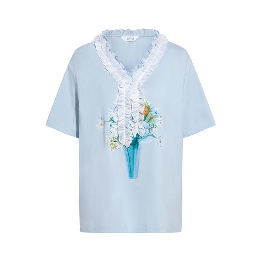 两三事梵高文艺 湖心物语 2026春季新款小清新木耳边v领印花t恤女 商品图4