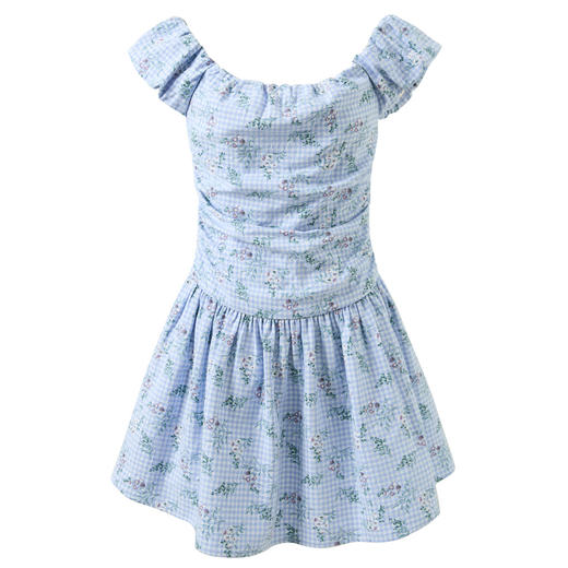 三彩独醒2026春季新款一字领格纹碎花裙连衣裙小A字裙蓬蓬短裙F 商品图4