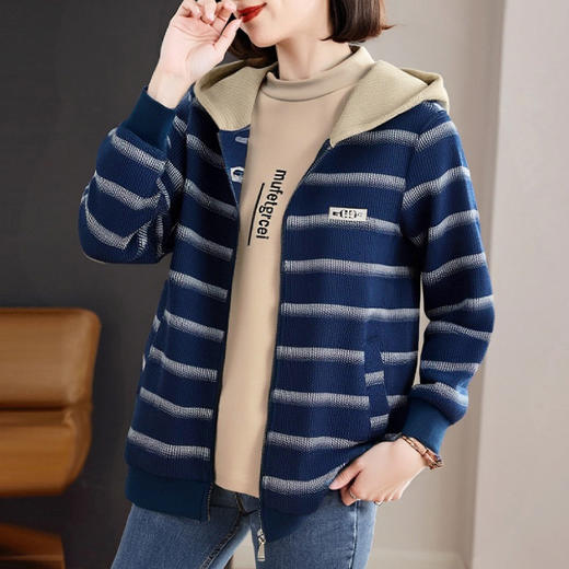 加绒加厚条纹外套女秋冬季新款休闲百搭连帽开衫卫衣中年妈妈上衣 商品图3